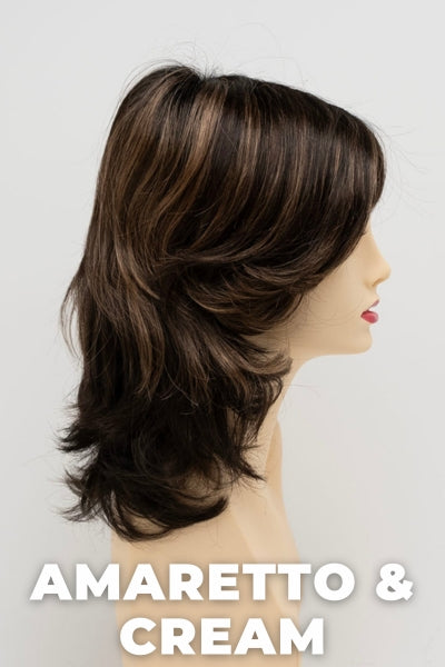 Color Swatch Amaretto & Cream for Envy wig Rylee.  Medium brown base with dark brown roots and subtle blonde highlights with a gold and red undertone.