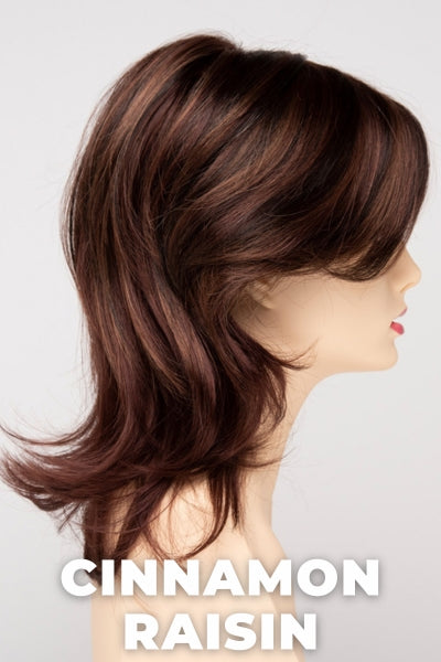 Color Swatch Cinnamon Raisin for Envy wig Rylee.  A blend of medium chestnut brown with subtle golden auburn highlights.