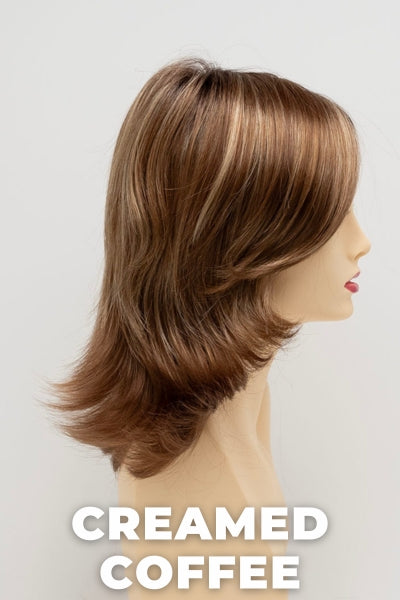 Color Swatch Creamed Coffee for Envy wig Rylee.  Rich brown base with a warm Mahogony and copper brown with strawberry blonde dimensions.