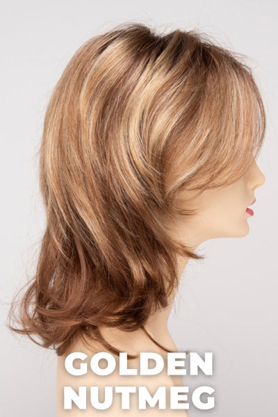 Color Swatch Golden Nutmeg for Envy wig Rylee.  Medium brown base with a red hue, golden blonde highlights and a rich chocolate brown root.