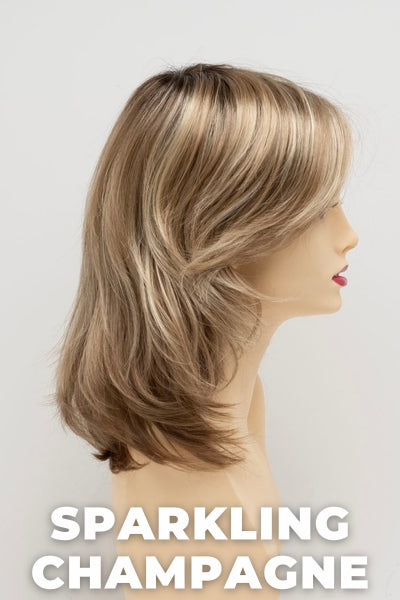 Color Swatch Sparkling Champagne for Envy wig Rylee.  Golden blonde base with champagne and pale blonde highlights and a chestnut brown rooting.