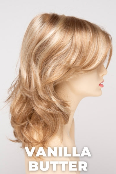 Color Swatch Vanilla Butter for Envy wig Rylee.  Golden blonde base with pale blonde and honey blonde highlights.