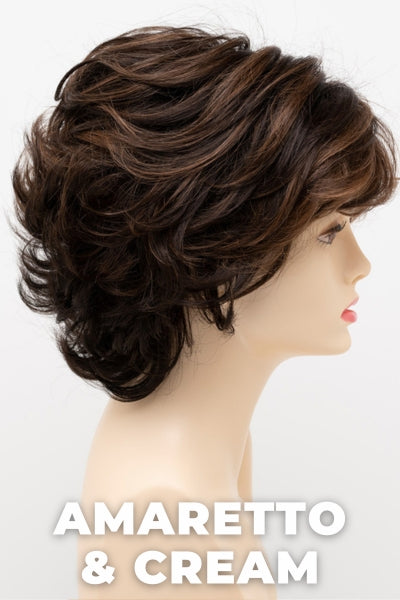 Color Swatch Amaretto & Cream for Envy wig Savannah.  Medium brown base with dark brown roots and subtle blonde highlights with a gold and red undertone.