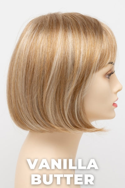 Color Swatch Vanilla Butter  for Envy wig Scarlett Petite.  Golden blonde base with pale blonde and honey blonde highlights.