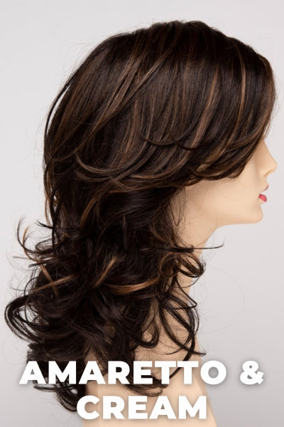 Color Swatch Amaretto & Cream  for Envy wig Selena Human Hair Blend.  Medium brown base with dark brown roots and subtle blonde highlights with a gold and red undertone.