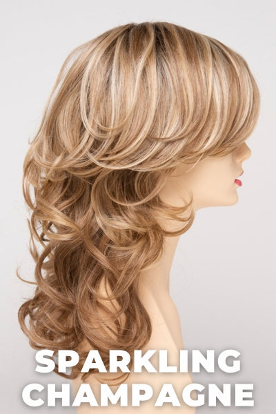 Color Swatch Sparkling Champagne  for Envy wig Selena Human Hair Blend.  Golden blonde base with champagne and pale blonde highlights and a chestnut brown rooting.