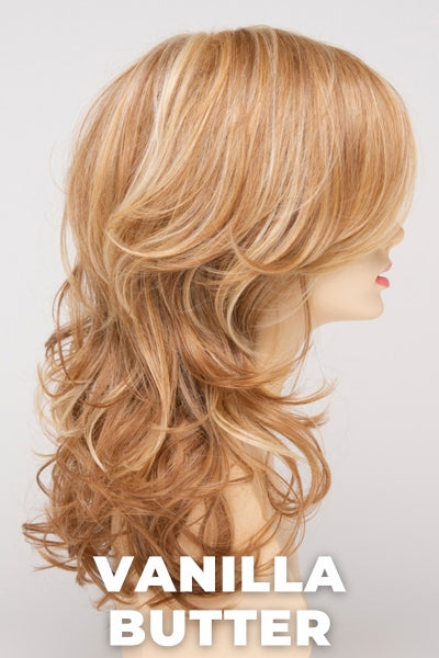 Color Swatch Vanilla Butter  for Envy wig Selena Human Hair Blend.  Golden blonde base with pale blonde and honey blonde highlights.