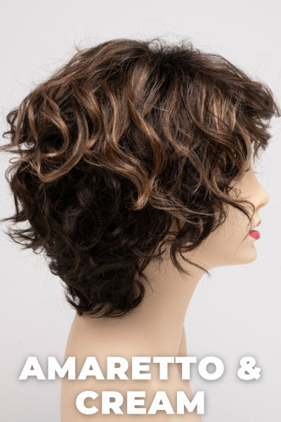 Color Swatch Amaretto & Cream for Envy wig Suzi.  Medium brown base with dark brown roots and subtle blonde highlights with a gold and red undertone.