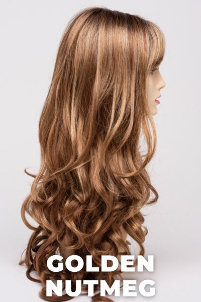 Color Swatch Golden Nutmeg for Envy wig Wendi.  Medium brown base with a red hue, golden blonde highlights and a rich chocolate brown root.