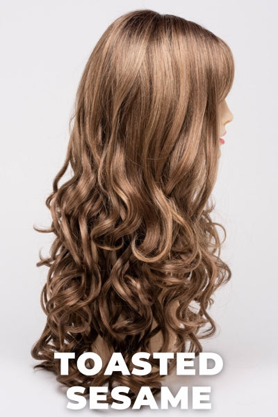 Color Swatch Toasted Sesame for Envy wig Wendi.  Light brown base with wheat blonde and dark blonde highlights and a chestnut brown rooting.