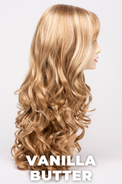 Color Swatch Vanilla Butter for Envy wig Wendi.  Golden blonde base with pale blonde and honey blonde highlights.