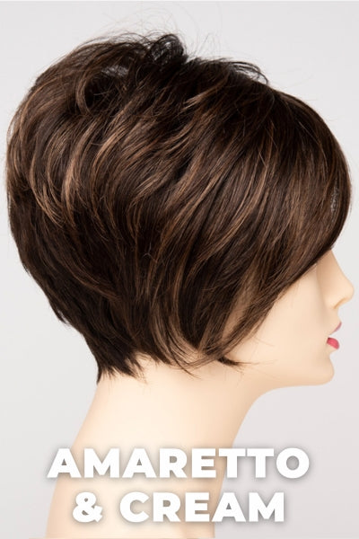 Color Swatch Amaretto & Cream for Envy wig Tinsley.  Medium brown base with dark brown roots and subtle blonde highlights with a gold and red undertone.