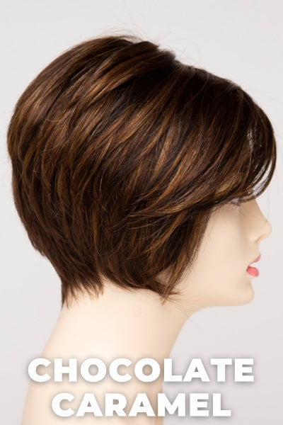 Color Swatch Chocolate Caramel for Envy wig Tinsley.  Rich chocolate brown with warm golden chestnut brown highlights.