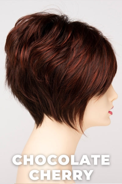 Color Swatch Chocolate Cherry for Envy wig Tinsley.  Medium brown base with subtle red undertones and deep copper and golden brown highlights.