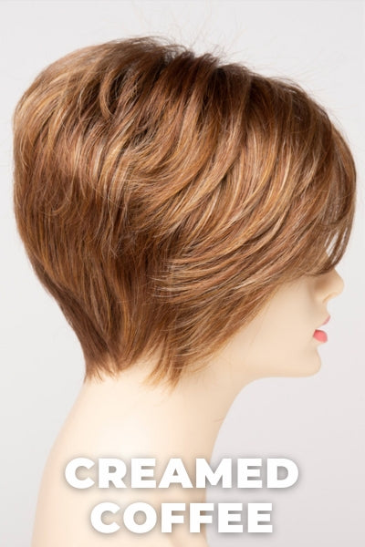 Color Swatch Creamed Coffee for Envy wig Tinsley.  Rich brown base with a warm Mahogony and copper brown with strawberry blonde dimensions.