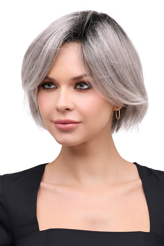 Side of women wearing Eve in the color Sterling Shadow, a blend of light grey and silver white with dark roots. 