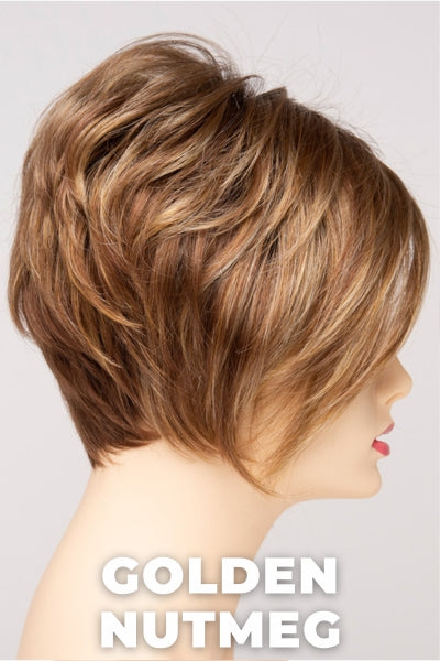 Color Swatch Golden Nutmeg for Envy wig Tinsley.  Medium brown base with a red hue, golden blonde highlights and a rich chocolate brown root.