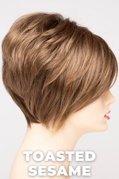 Color Swatch Toasted Sesame for Envy wig Tinsley.  Light brown base with wheat blonde and dark blonde highlights and a chestnut brown rooting.