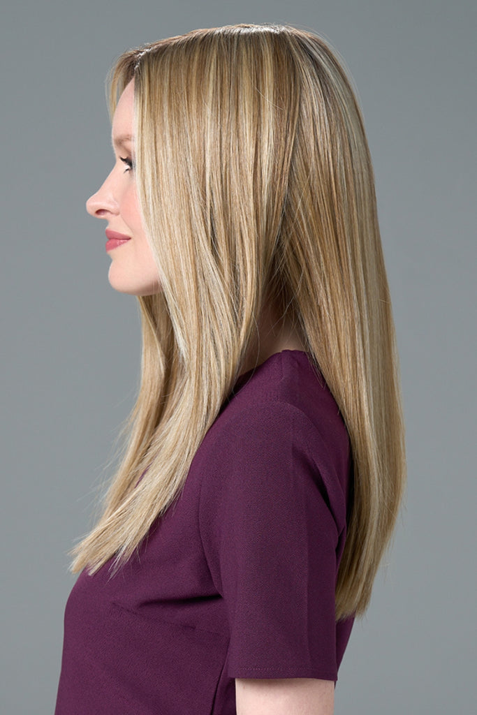 Side of model styling the color Champagne Shadow.