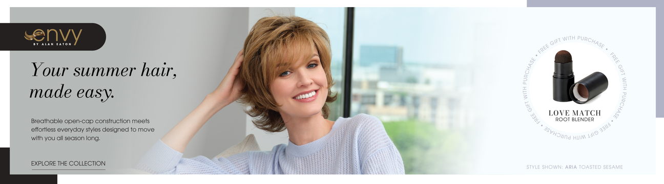 Shop Envy wigs and get a free Love Match Root Blender with purchase.