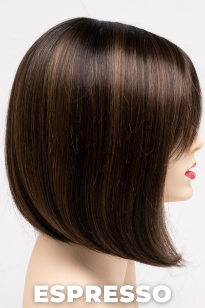 Color Swatch Espresso  for Envy wig Petite Paige.  Deep multi toned medium brown with cool undertones and dark brown rooting.