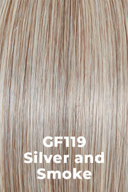 Color Silver and Smoke (GF119) for Gabor wig Dress Me Up.  Light Caramel Brown with 80% Gray in front, gradually blended into 50% Gray for a darker nape area.