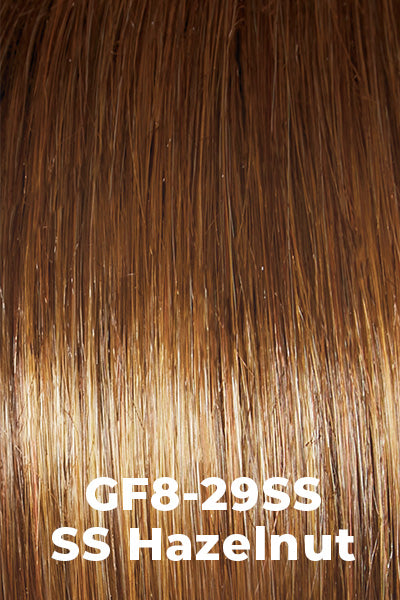 Gabor Wigs - Alluring Locks - SS Hazelnut (GF8-29SS). Medium Brown with soft Ginger Highlights and a Dark Brown root.