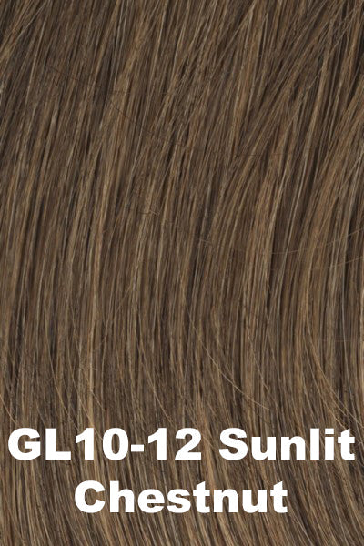Color Sunlit Chestnut (GL10-12) for Gabor wig Femme & Flirty. Rich chocolate brown base with medium golden brown highlights.