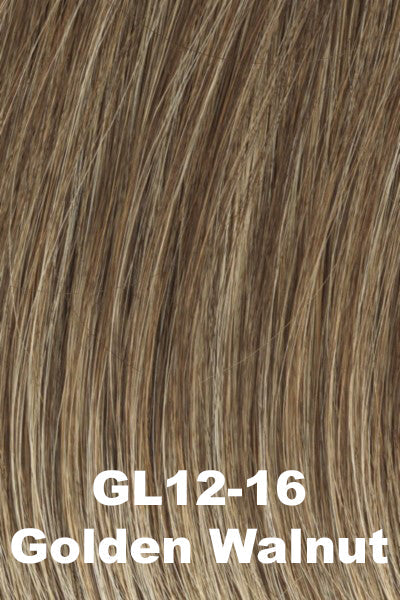 Color Golden Walnut (GL12-16) for Gabor wig Femme & Flirty. Dark warm blonde base with cool toned creamy blonde highlights.