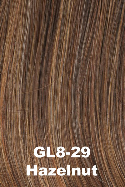 Color Hazelnut (GL8-29) for Gabor wig Love Wave. Medium brown with warm golden undertones and honey brown and light copper brown highlights.