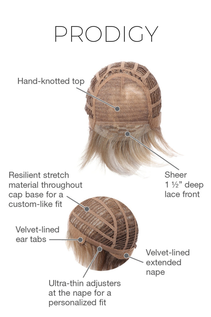 Close up of Prodigy's cap construction, monofilament top and lace front.