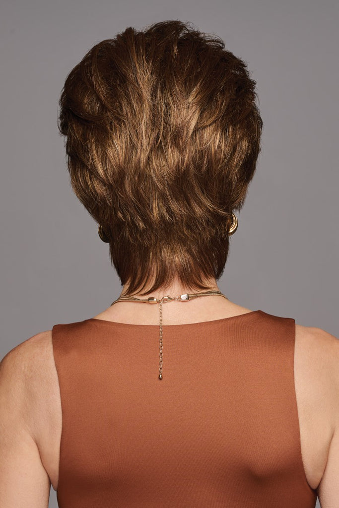 Back of a short length wig with a longer nape designed for women.