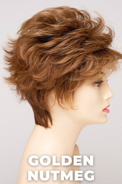 Color Swatch Golden Nutmeg  for Envy wig Olivia Human Hair Blend.  Medium brown base with a red hue, golden blonde highlights and a rich chocolate brown root.