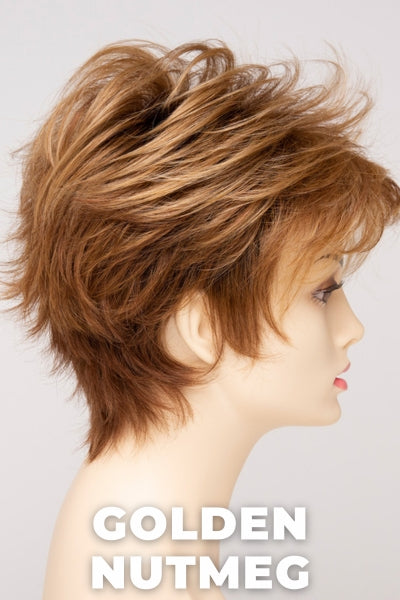 Color Swatch Golden Nutmeg  for Envy wig Ophelia Human Hair Blend.  Medium brown base with a red hue, golden blonde highlights and a rich chocolate brown root.