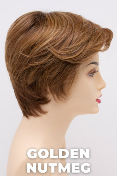 Color Swatch Golden Nutmeg for Envy wig Paula Human Hair Blend.  Medium brown base with a red hue, golden blonde highlights and a rich chocolate brown root.