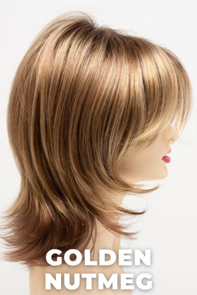 Color Swatch Golden Nutmeg for Envy wig Rose.  Medium brown base with a red hue, golden blonde highlights and a rich chocolate brown root.