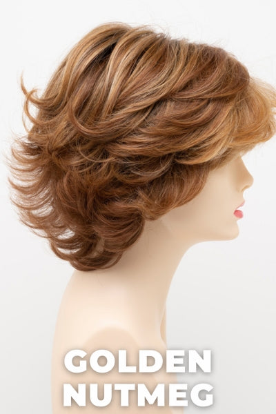 Color Swatch Golden Nutmeg for Envy wig Savannah.  Medium brown base with a red hue, golden blonde highlights and a rich chocolate brown root.