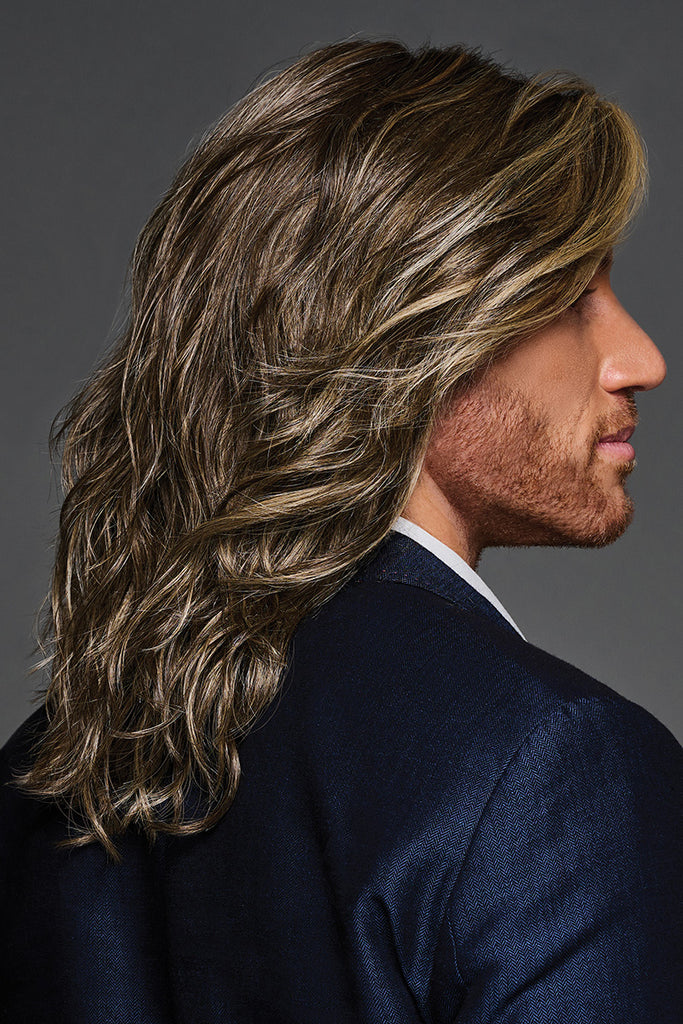 Side view of a wavy, long mens wig. 