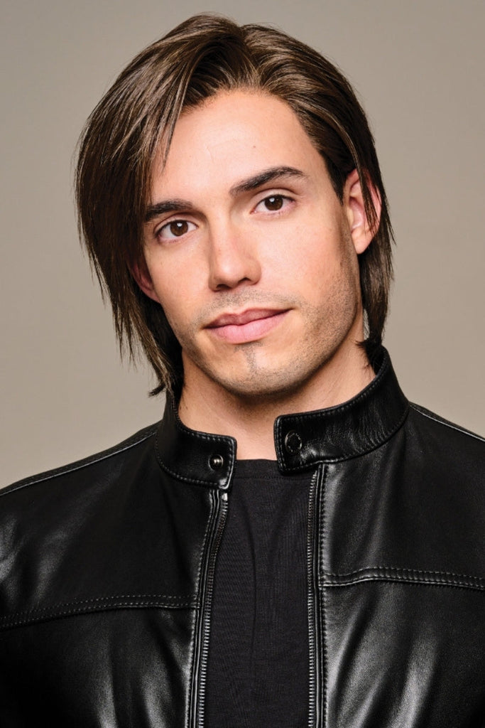 Close up of model wearing a medium length mens wig with layers.