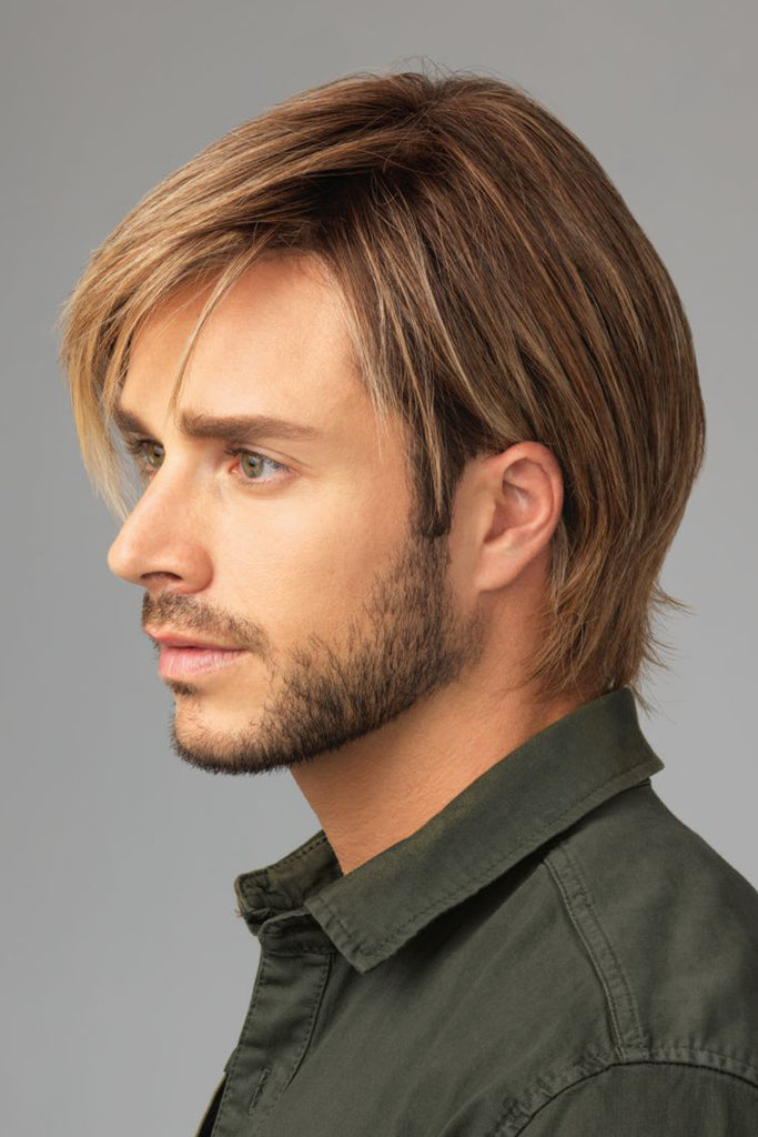 Model wearing Him men's wig Chiseled side view.