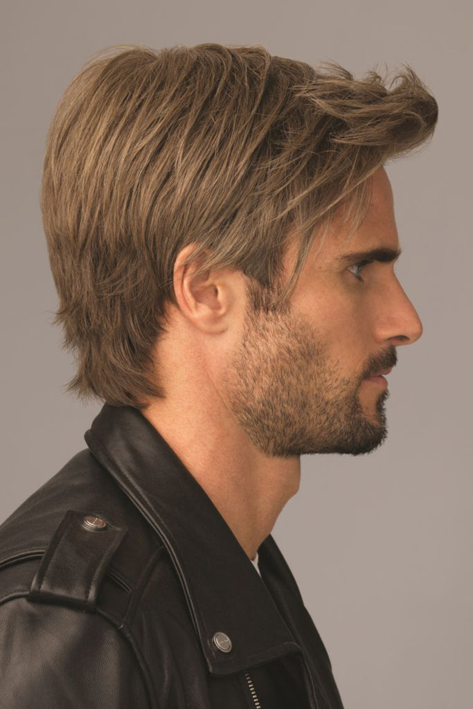 Model wearing HIM men's wig Edge side view 3.