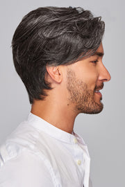 Model wearing HIM men's wig Gallant side view.
