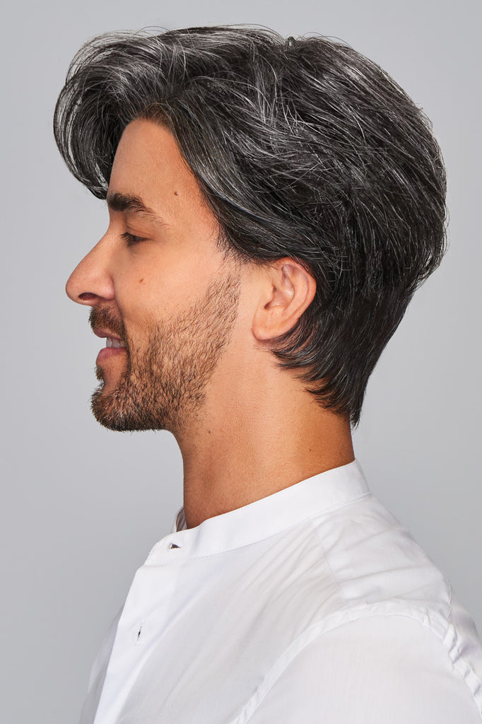 Model wearing HIM men's wig Gallant side view 2.