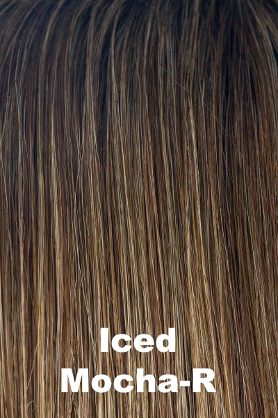 Color Iced Mocha-R for Noriko wig Zeal #1725. Medium brown base with cool light blonde highlights and a warm dark root.