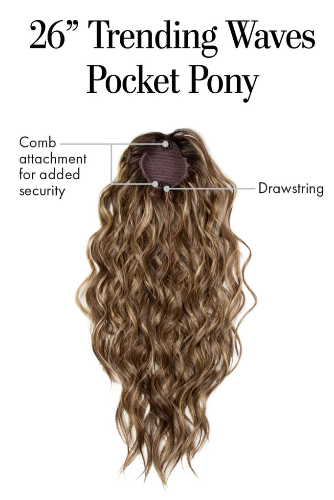 Close up of  26" Trending Waves Pocket Pony showing the comb and drawstring.