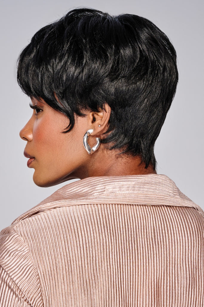 Side view of textured pixie cut wig by Kim Kimble.