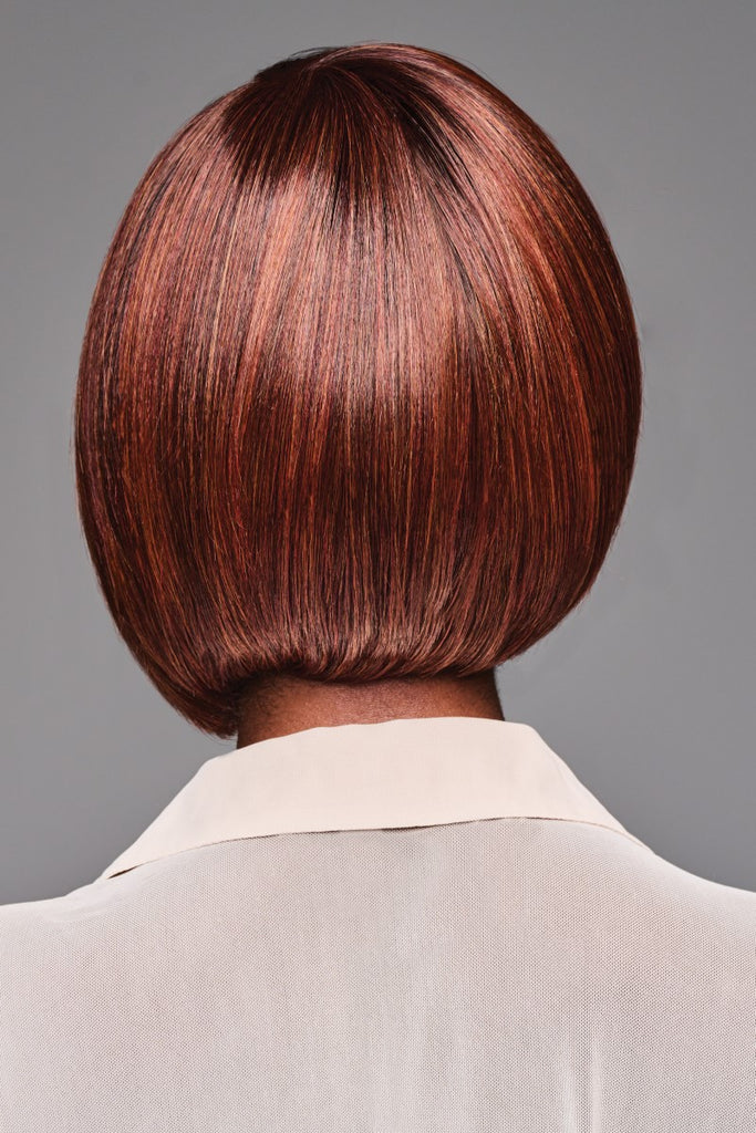 Close up of the back of Hailey, a bold angled bob cut wig with synthetic Tru2Life hair fibers.