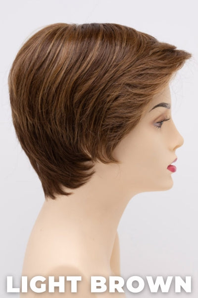 Color Swatch Light Brown for Envy wig Paula Human Hair Blend.  Light brown base with warm golden undertones and reddish brown highlights.