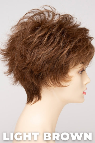 Color Swatch Light Brown  for Envy wig Olivia Human Hair Blend.  Light brown base with warm golden undertones and reddish brown highlights.