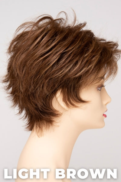 Color Swatch Light Brown  for Envy wig Ophelia Human Hair Blend.  Light brown base with warm golden undertones and reddish brown highlights.